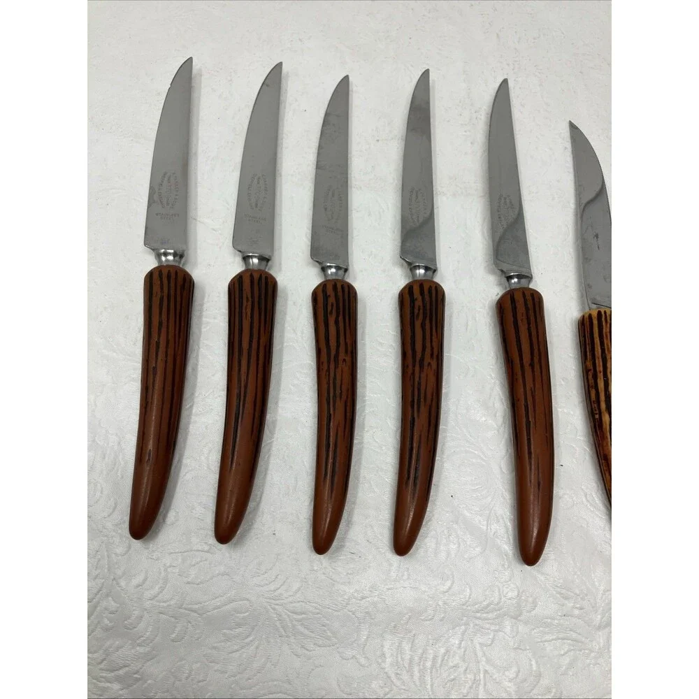 8 Stainless Steel Knives Faux Stag Horn Antler Handles England USA Steak & Cake